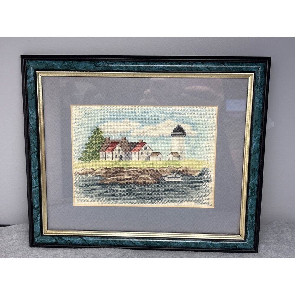 Framed Lighthouse Scene Needlepoint Art 11x9 Inches